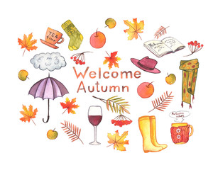 Hand drawn watercolor autumn illustration. Set of city autumn accessories, clothes, drinks with “Welcome autumn” lettering. For design, cards, prints or posters.