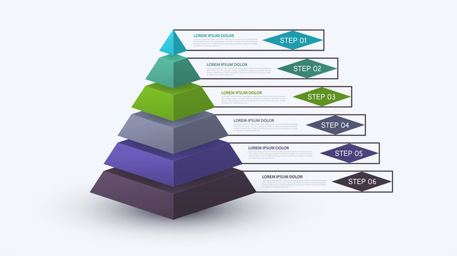 Infographic pyramid with step structure. Business concept with 6 options pieces or steps. Block diagram, information graph, presentations banner, workflow.