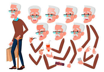 Old Man Vector. Senior Person. Aged, Elderly People. Active, Expression. Face Emotions, Various Gestures. Animation Creation Set. Isolated Flat Cartoon Character Illustration