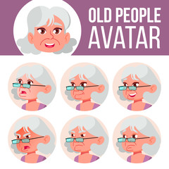 Fototapeta premium Old Woman Avatar Set Vector. Face Emotions. Senior Person Portrait. Elderly People. Aged. Beauty, Lifestyle. Cartoon Head Illustration