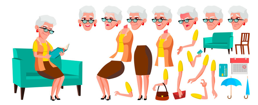 Old Woman Vector. Senior Person Portrait. Elderly People. Aged. Animation Creation Set. Face Emotions, Gestures. Cheerful Grandparent. Card Design. Animated. Isolated Cartoon Illustration