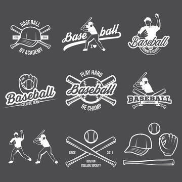 Collection of Vector Baseball logo and insignias, presented with a set of baseball equipment illustrations
