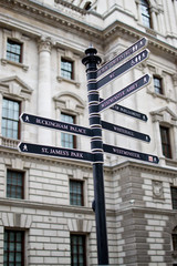 London Street Signpost with Buckingham Palace, Westminster Abbey and St. James's Park