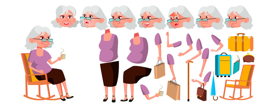 Old Woman Vector. Senior Person Portrait. Elderly People. Aged. Animation Creation Set. Face Emotions, Gestures. Positive Pensioner. Advertising Design. Animated. Isolated Cartoon Illustration