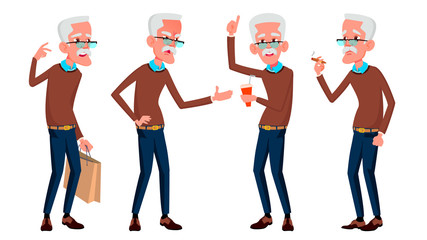 Old Man Poses Set Vector. Elderly People. Senior Person. Aged. Beautiful Retiree. Life. Card, Advertisement, Greeting Design. Isolated Cartoon Illustration