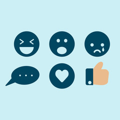 Set of social media reaction emotion icon. Like, love, comment, sad, shock, amazed and laugh