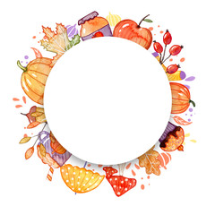 Hand drawn autumn background. Wreath with watercolor elements.
