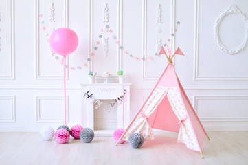 Plakat Children birthday decorations. Decorations for holiday party. A lot of balloons pink and white colors. 