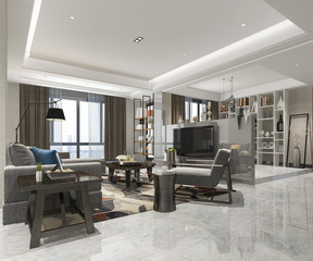 3d rendering loft luxury living room with bookshelf