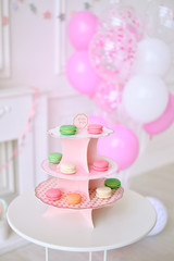 Children birthday. Decorations for holiday party. A lot of balloons pink and white colors. 