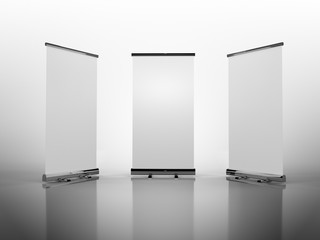 Outdoor Advertising Stand Banner (empty roll-up poster) - mockup template isolated on white background. 3D rendering
