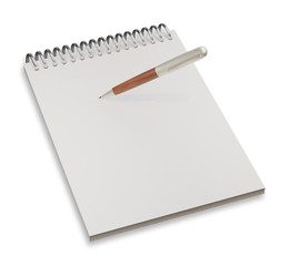 Empty notepad (sketch book) with pen isolated on white background