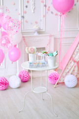 Cakes for children birthday. Children birthday. A lot of cakes. A lot of balloons. 