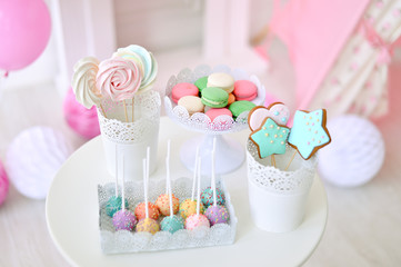 Cakes for children birthday. Children birthday. A lot of cakes. A lot of balloons. 