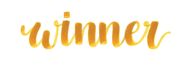 "Winner" hand lettering inscription in caramel color with gold contour, for a winner