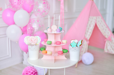 Children birthday party. Decorations for holiday party. A lot of balloons pink and white colors. 