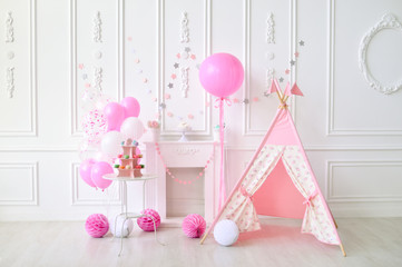 Children birthday. Girl birthday. Decorations for birthday party. A lot of balloons pink and white colors. 