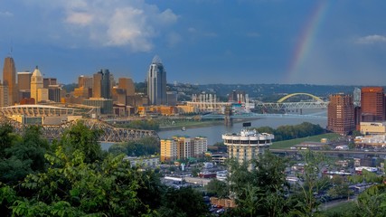 Wide angle view of downtown Cincinnati Ohio and Covenington Kentucky skylines with rainbow and...
