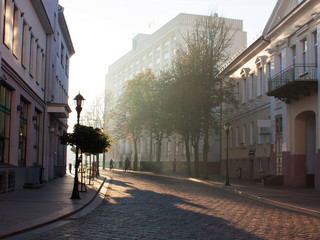 Sights and views of Grodno. Belarus. Street of the city. Summer. Early morning.