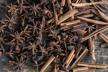 Star anise and Cinnamon on old wooden boards