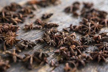Close up Star anise on old wooden boards