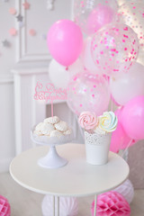 Girl birthday. Decorations for holiday party. A lot of balloons. Pink balloons. white balloons. 