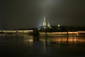 Fototapeta na wymiar Peter and Paul Fortress and Cathedral - Saint Petersburg, Russia at Night