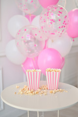 One year birthday decorations. First birthday. Children birthday decorations. A lot of balloons. 