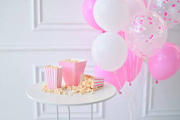 One year birthday decorations. First birthday. Children birthday decorations. A lot of balloons. 