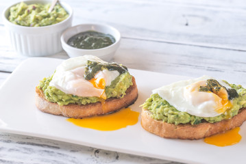 Sandwiches with guacamole and poached eggs