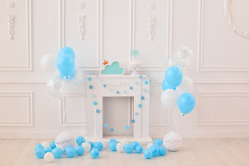 One year birthday decorations. Popcorn party. A lot of balloons. Decorations for holiday party. 