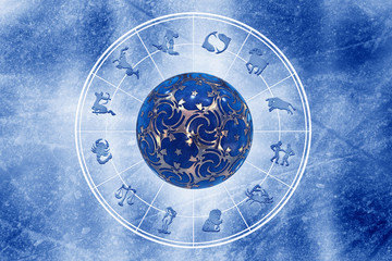 Fototapeta na wymiar Zodiac signs with astrology wheel and magic ball over blue grunge vintage background 