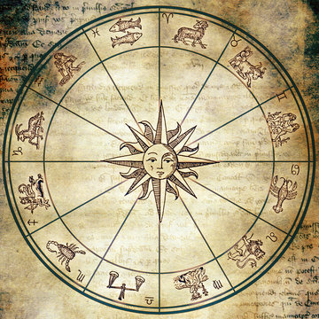 Astrology wheel with zodiac signs and sun symbol like in old vintage style astrological esoteric background 