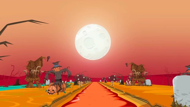  halloween, shortcut or road with forest, cemetery, pumpkins, creepy trees and haunted house on full moon night. 2D illustration cartoon