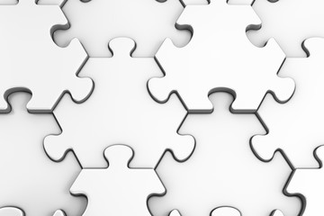 Geometric Pattern Of Jigsaw Puzzle. Close-up view of assembled hexagonal pieces of white colored jigsaw puzzle. 3d rendering graphics.