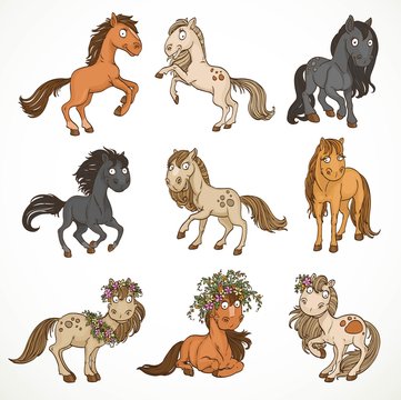 Cute cartoon horses in wreaths set isolated on white background