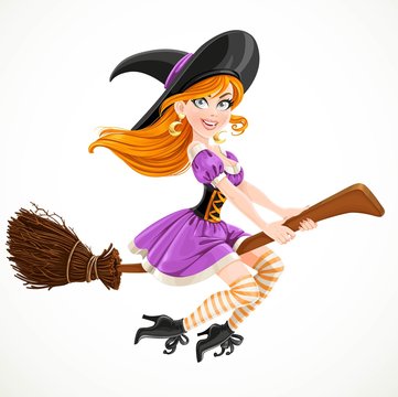 Cute redheaded witch in purple dress flying on a broom isolated on a white background