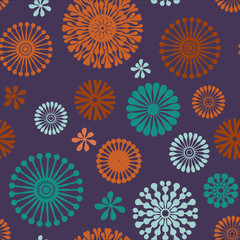 Fototapeta na wymiar Vector purple abstract floral elements seamless pattern background In turquoise, purple and orange, perfect for fabric, wallpaper, scrapbooking and fashion