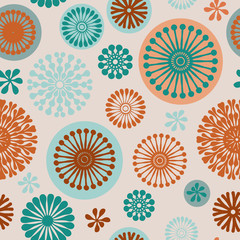 Vector purple abstract floral elements seamless pattern background on off white with turquoise, purple and orange, perfect for fabric, wallpaper, scrapbooking and fashion