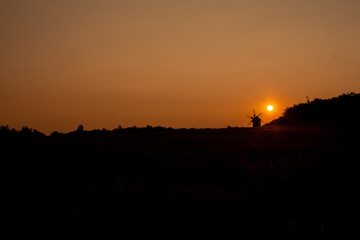Beautiful field on a red sunset background. Control Lighting