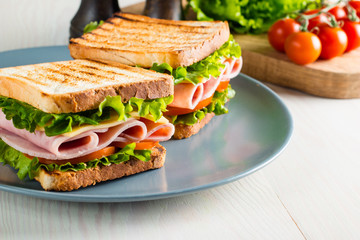Close-up of two sandwiches with bacon, salami, prosciutto and fresh vegetables on rustic wooden cutting board. Club sandwich concept.