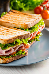 Close-up of two sandwiches with bacon, salami, prosciutto and fresh vegetables on rustic wooden cutting board. Club sandwich concept.