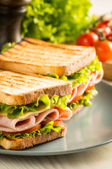 Close-up of two sandwiches with bacon, salami, prosciutto and fresh vegetables on rustic wooden cutting board. Club sandwich concept.