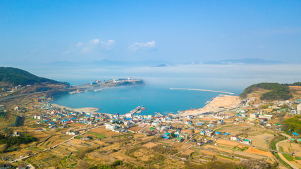 Aerial view of beautiful gulf in South Korea. Aerial view from drone.