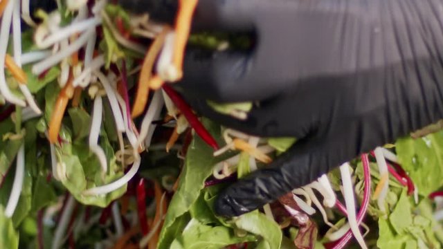 Green salad prepared in slow motion with carrots, leafs, lattuce and sprouts