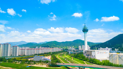 Fototapeta premium Aerial view of Yangsan city, South Korea. Aerial view from drone