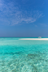 Fototapeta na wymiar Amazing blue water in a desert island, blue sky day, wood hut