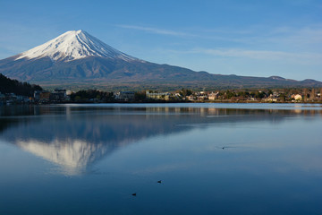 Mount Fuji In Early Morning With Reflection On Lake Kawaguchiko, Japanese Scenery