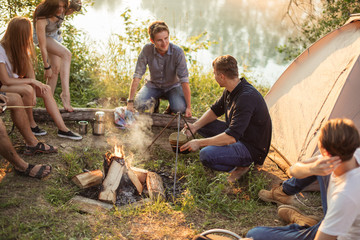 happy time with friends. camping and scenery concept