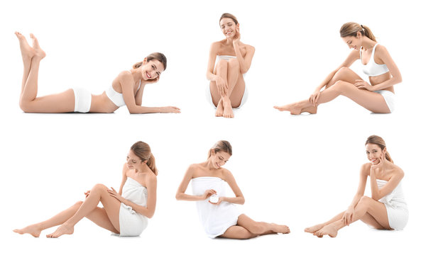 Set with young woman on white background. Beauty and body care